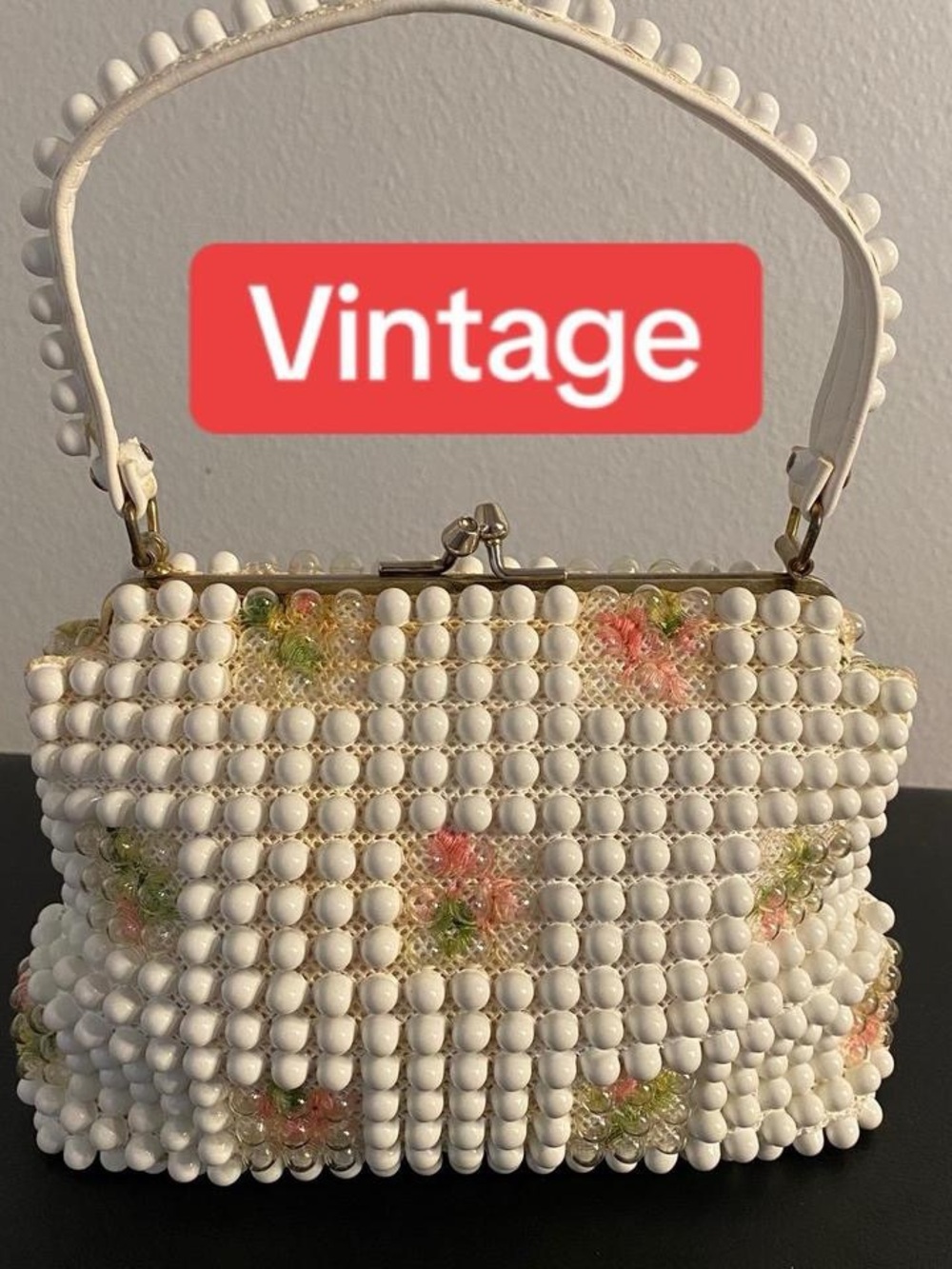 Vintage White Beaded Floral Wristlet with Pink and Green Accents